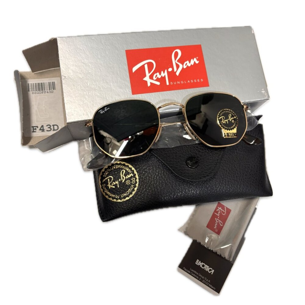 Ray-Ban Hexagonal Sunglasses Green Lenses Gold Metal Frame Adjustable Nosepads - Picture 7 of 13